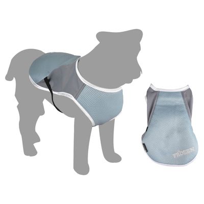 Veste pour chien en tissu mesh gris clair et blanc, vue portée sur silhouette de chien et vue à plat, bords blancs, sangle noire visible sous le ventre.